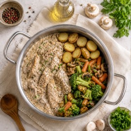 Mozaic chicken main course with creamy white sauce, roasted potatoes, and mixed vegetables
